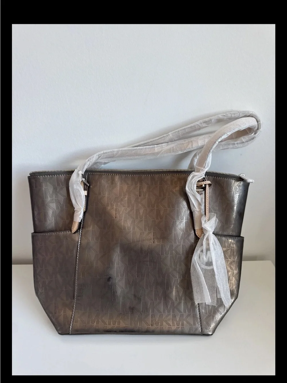 Michael Kors Metallic Nickel Monogram Jet Set Tote Bag NWT Retails $248